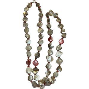 Vintage Mother of Pearl & Red Coral Chips w/ Bronze Beads